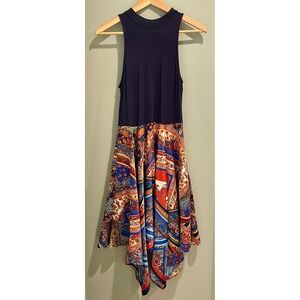 Venus Navy Blue Dress Paisley Print Handkerchief Hem Sleeveless Casual S‎
